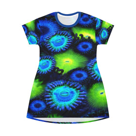 Zoanthids by Christina Blue and Green Zoanthid Garden T-Shirt Dress