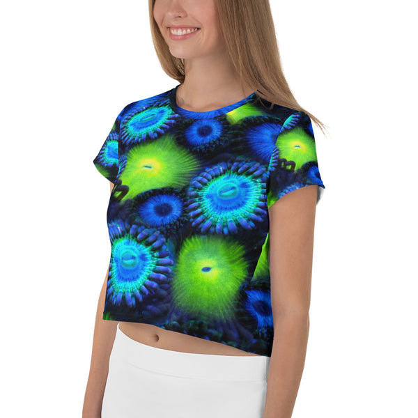 Zoanthids by Christina Blue and  Green Zoanthid Garden Crop Tee