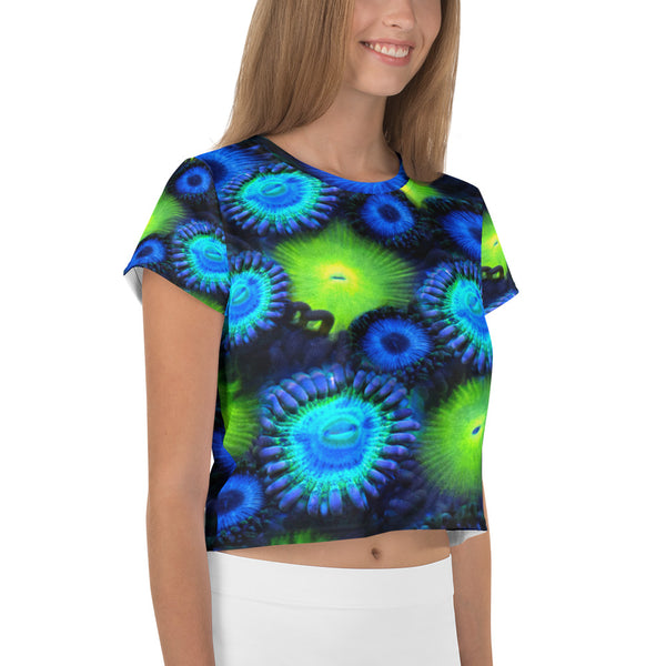 Zoanthids by Christina Blue and  Green Zoanthid Garden Crop Tee