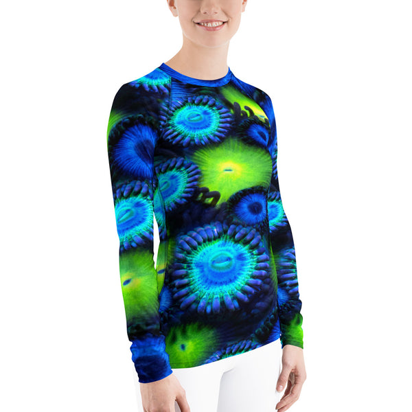 Zoanthids by Christina Blue and Green Zoanthid Garden Women's Rash Guard