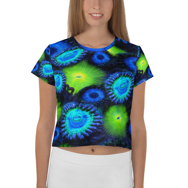 Zoanthids by Christina Blue and  Green Zoanthid Garden Crop Tee